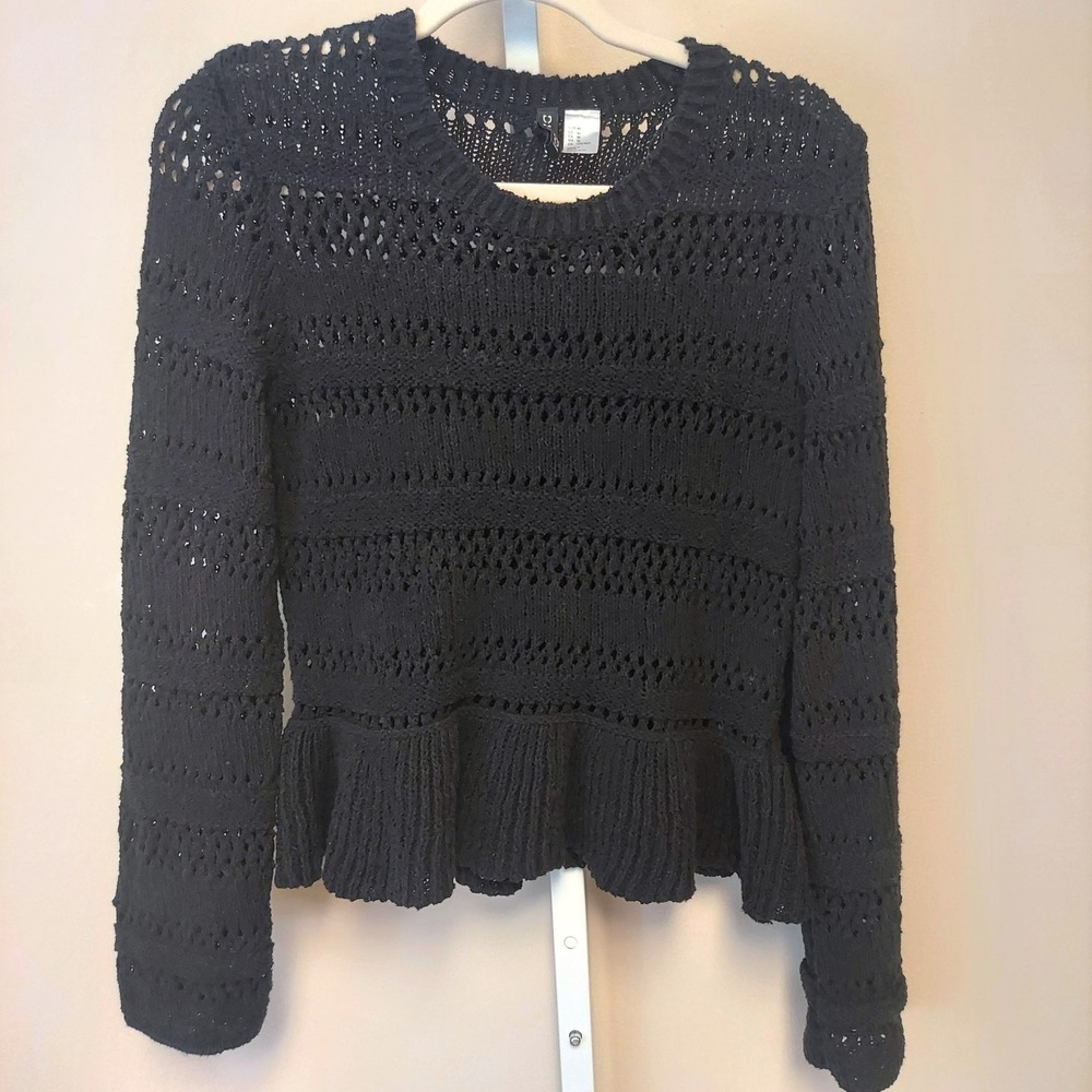 H&M Divided Black Pointelle Crochet Knit Peplum Sweater Crew Neck M Whimsigoth